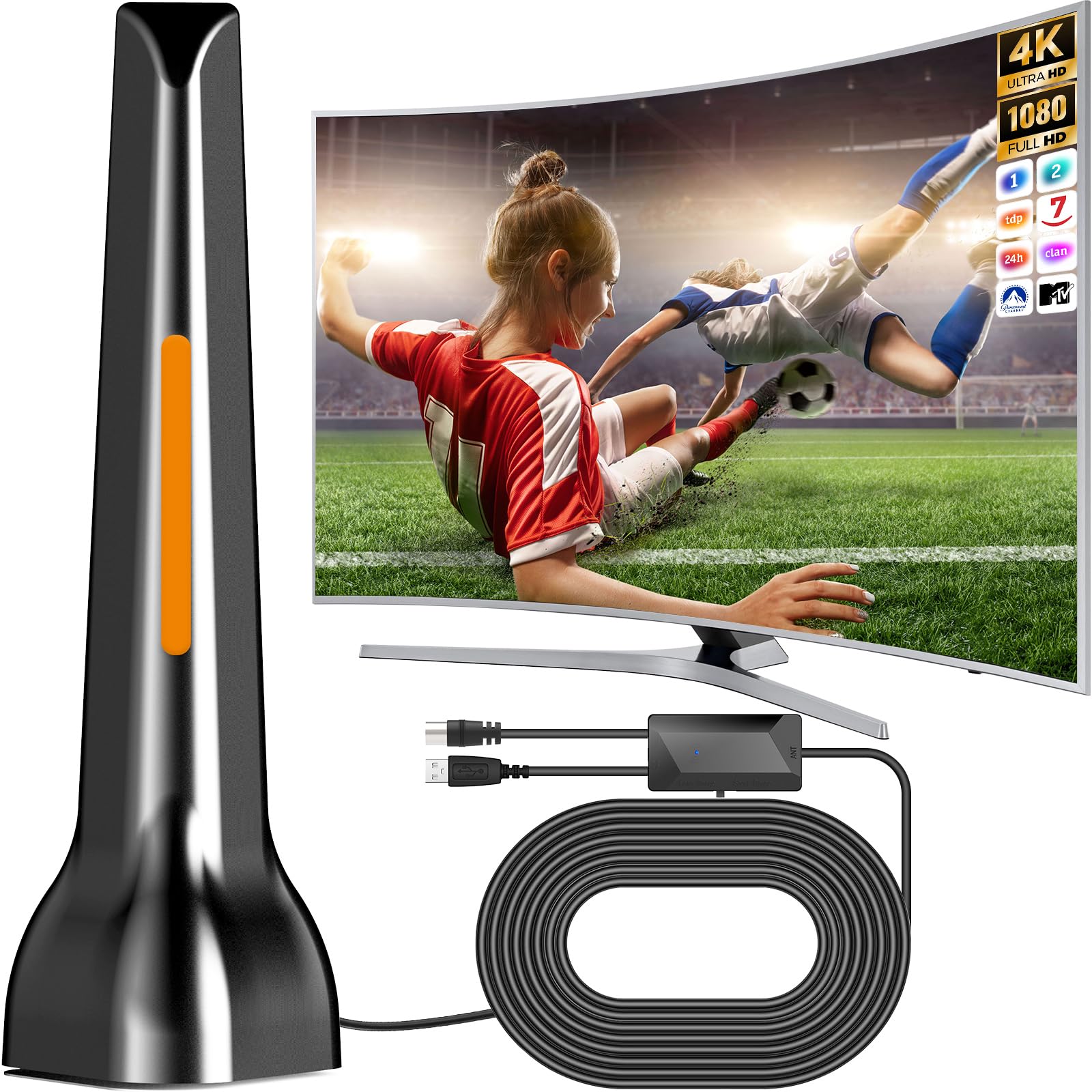 Antena TV Interior Potente con Amplificador y Base Magnética para Todos los TVs - 80KM+ Recepción de Larga Distancia - C